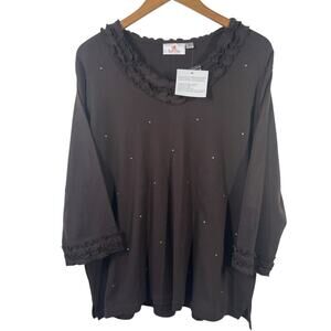 Quacker Factory Top Women X1 NWT Sparkle Long Sleeve Knit Brown Embellished